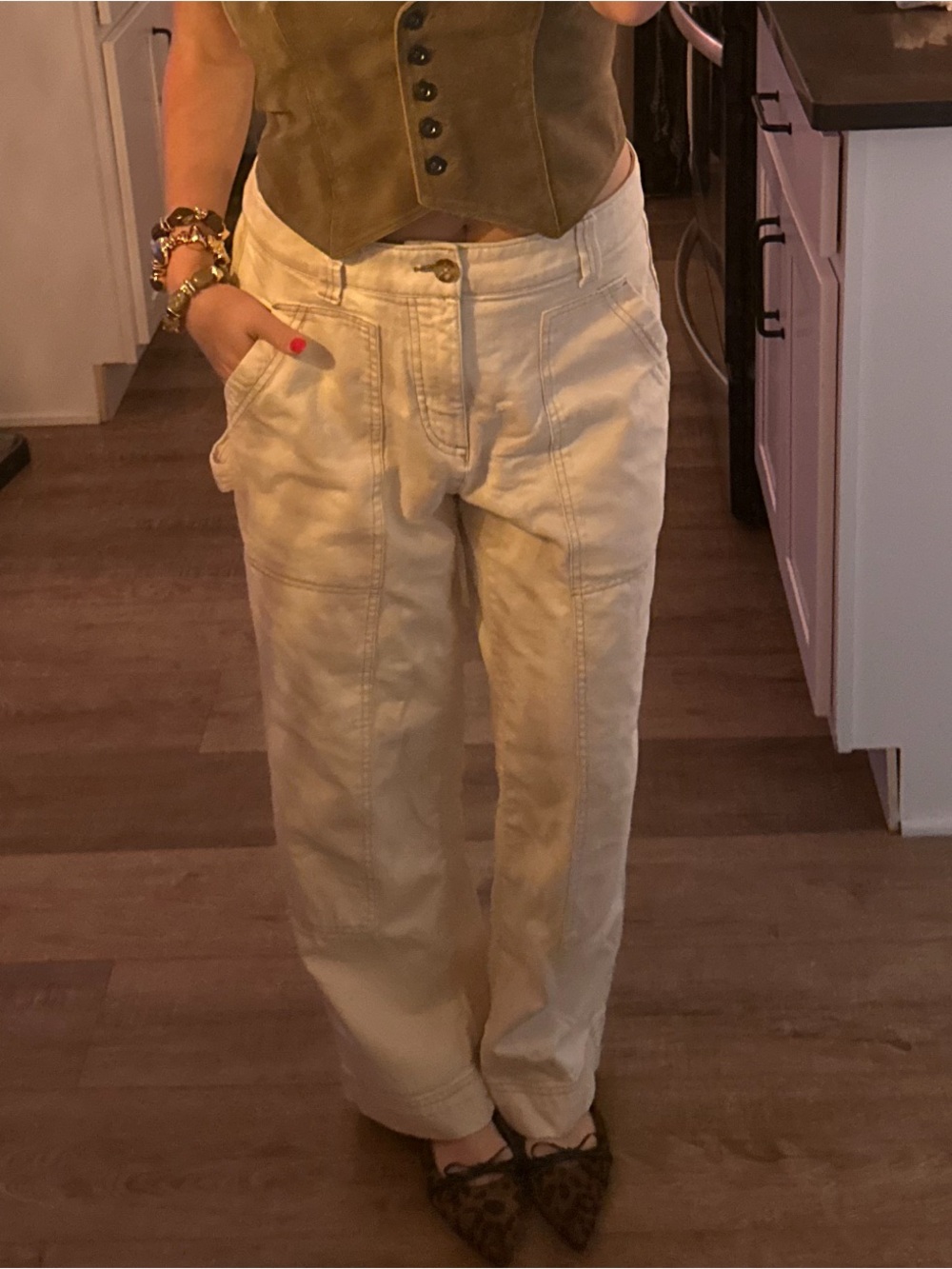 Cream Straight-Leg Cargo/Utility Pants